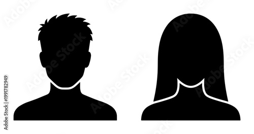 Minimalist user profile avatar icons, black silhouette male and female headshot symbols, generic person placeholder vector set for web design
