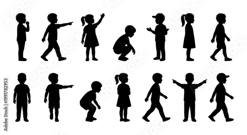 Black child silhouettes collection, set of 14 diverse kids figures in various poses, childhood character vector elements for graphic design