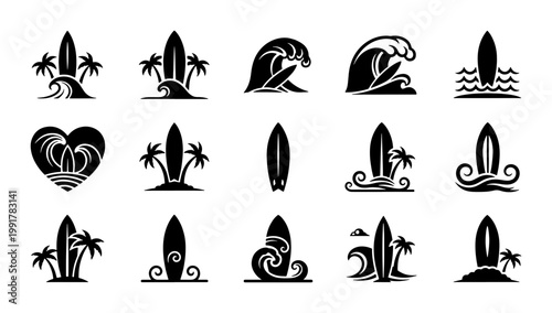 Photography Surfing logo collection, 15 black surfboard icons with ocean waves and palm tree