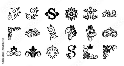 Vintage floral ornaments and decorative scroll elements, set of 18 black filigree vector icons, elegant wedding invitation flourishes and borders