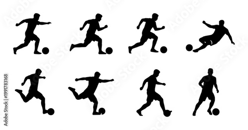 Soccer player silhouettes set of 8 vector icons, football athletes kicking and dribbling ball, black sport action figures on white background