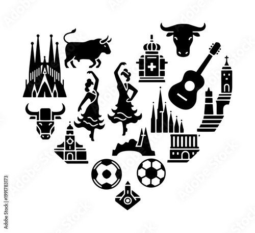 Spanish culture heart silhouette vector, black icons of flamenco dancers bull and guitar, traditional Spain travel and tourism symbols set