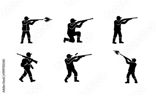 Hunting silhouette icons set, hunter with shotgun and rifle vector illustrations, 6 shooting and walking poses for outdoor sport design