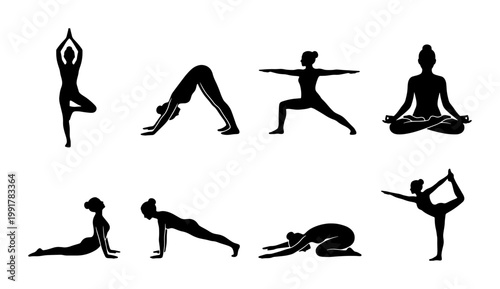 Yoga poses silhouette collection, 8 black female yoga icons set, pilates and fitness exercise postures, meditation and wellness vector graphics