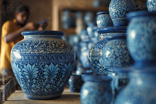 Modern rajasthani artisan painting traditional blue pottery in jaipur craft workshop, detailed brushwork and ceramic patterns, natural window light, shallow depth of field, background with natural
