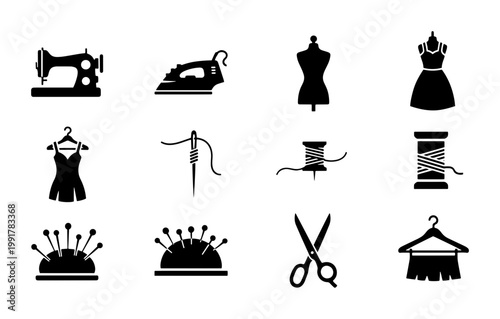 Фотография Tailoring and sewing icon set, 12 black silhouette dressmaking symbols, sewing m