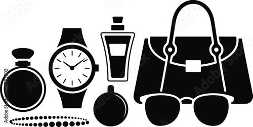 Black silhouette fashion icons watch perfume handbag and accessories collection
