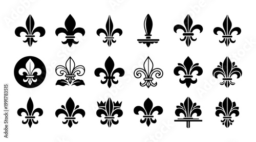 Vintage fleur de lis collection, 18 black heraldic lily icons, royal decorative symbols for luxury branding and classic pattern design