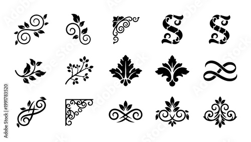 Vintage floral ornaments collection, 15 black decorative vector elements, elegant filigree scrollwork and leaf motifs for wedding invitation design