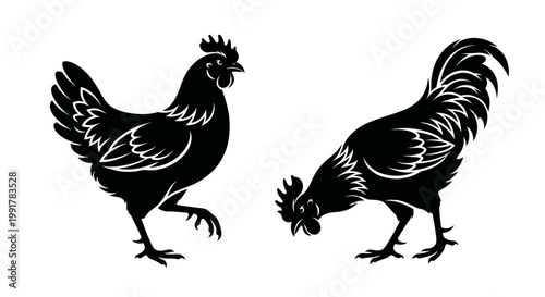 Rooster and Hen Silhouette Icon Set Minimalist Black Vector Illustration for Farm Branding and Poultry Identity