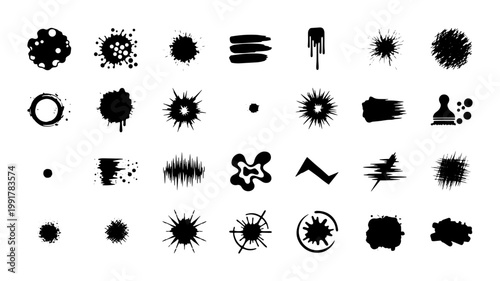 Grunge ink splatter collection, 28 black paint blot and spray vector elements, hand drawn liquid splash and brush stroke set for artistic design