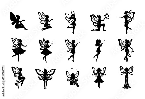 Magical fairy silhouette collection, 15 black mythical pixie vector icons, whimsical forest creature set for fantasy storytelling and nursery decor