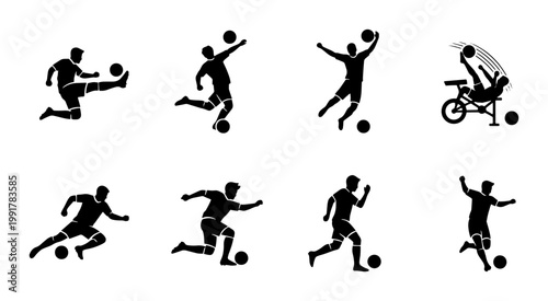 Soccer player silhouettes set, 8 football athlete icons in action poses, black vector figures kicking and dribbling ball, para-soccer wheelchair athlete