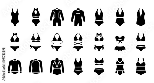 Foto Swimwear icon set with 21 black silhouettes, female bathing suits and bikini vec