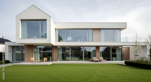 Modern house exterior with large windows and green lawn architectural design