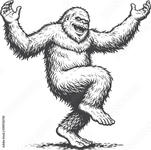 Funny Dancing Yeti Illustration in Vintage Black and White Style