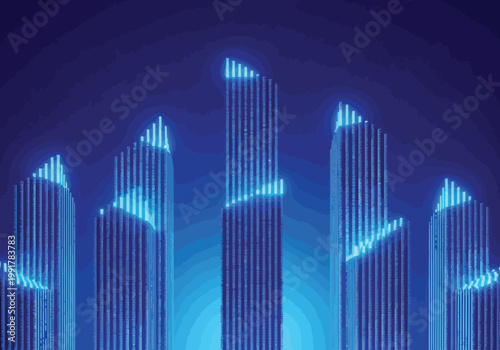 Abstract digital illustration of futuristic skyscrapers or city skyline with glowing neon blue lights and contour lines
