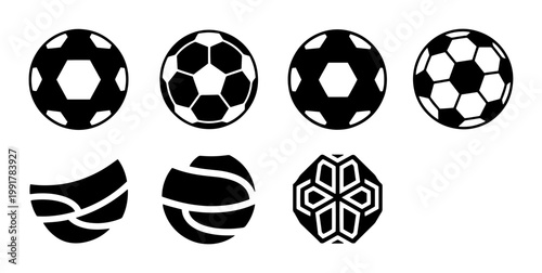 Soccer ball icon set with 7 black and white vector elements, football sports equipment symbols, minimalist athletic ball graphics for logo design