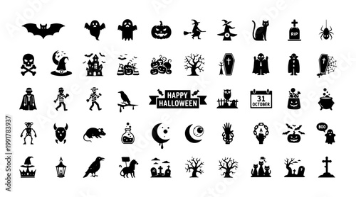 Halloween silhouette icon set, spooky holiday vector elements, black flat icons for party invitations and seasonal graphic design, 50 icons collection