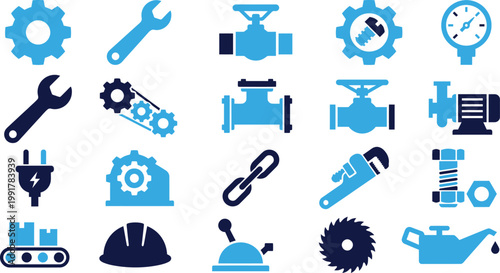 Industrial and mechanical parts including gears wrenches pipes and tools.