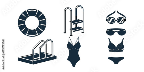 Swimming Pool Icons Set Swimwear Accessories Lifeguard Equipment Vector Collection