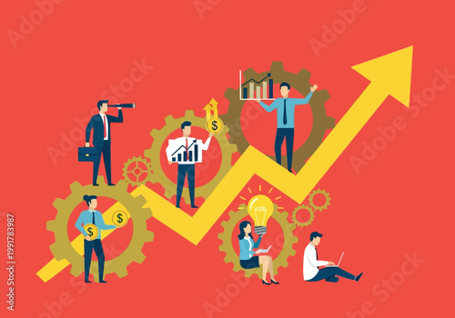 Business growth concept with team of professionals working with gears and rising arrow chart