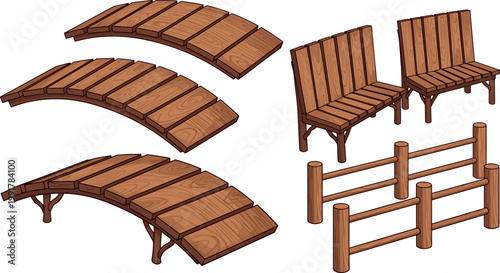 Wooden Furniture and Garden Elements Set Featuring Benches Bridges and Fence Structures for Outdoor Design.
