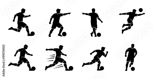 Soccer player silhouettes set, 8 football athlete action poses, black vector icons of men playing soccer, sports competition graphic elements