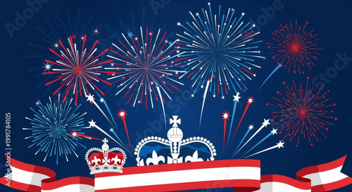 Colorful fireworks explode over a dark night sky with vibrant red white and blue bursts accompanied by regal crowns and ribbons in a celebratory scene