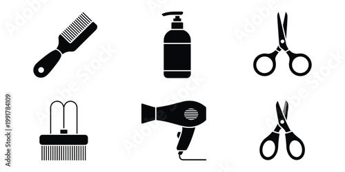 Black silhouette icons of hairdressing tools combs scissors and blow dryers