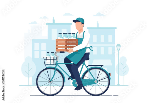 Milkman riding a bicycle delivering fresh milk in glass bottles in a city