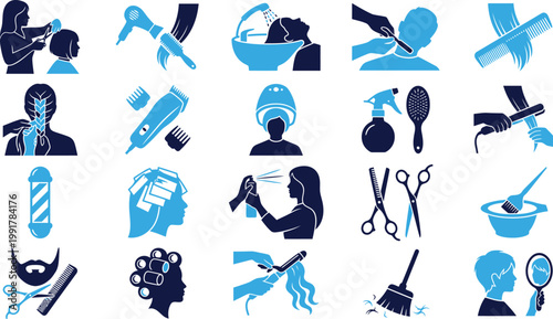 Hair salon and barber shop services with styling tools and equipment.