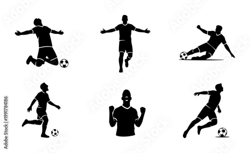 Soccer player silhouettes collection, 6 football athlete vector icons, black sport figures in action poses, professional soccer match graphics