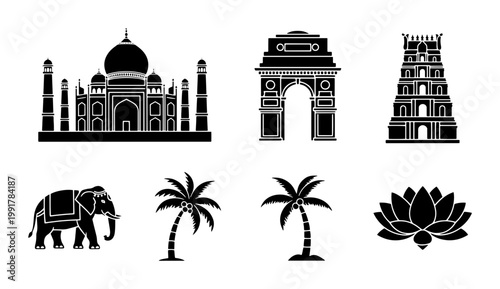Indian landmarks and cultural symbols vector set, black silhouette icons of Taj Mahal and India Gate, traditional elephant and lotus flower graphics