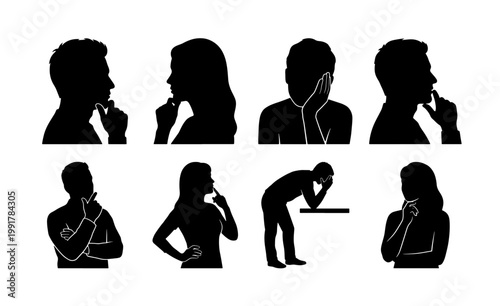 Thinking people silhouettes set, 8 vector icons of pensive men and women, diverse human profiles in deep thought and contemplation
