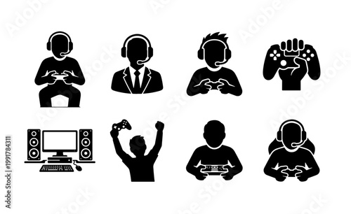 Esports gaming icons set, professional gamer silhouette collection, 8 black vector symbols for video game streaming and competitive play