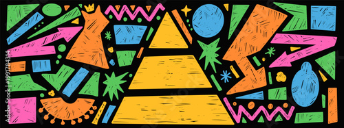 Neon Egypt geometric shapes with funky crayon pencil and playful design. Abstract kid figure for egypt party and ancient poster or banner background. Vivid vector set with geometric pyramid doodle.