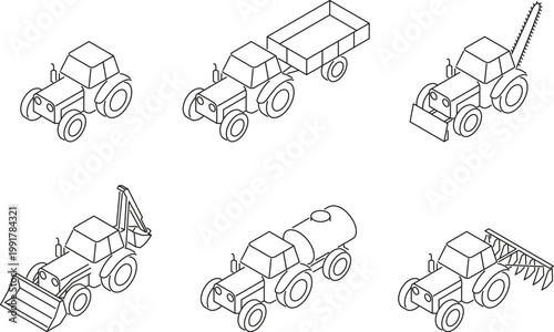 Set of isometric line tractors based on a single vehicle design with different attachments including trailer, tanker, front loader, excavator arm, plow and trenching equipment.