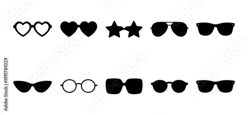 Minimalist sunglasses icons set, black eyewear silhouettes including heart and star shapes, 10 fashion glasses vector elements for summer and travel design