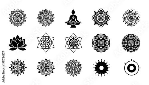 Sacred geometry mandala set, 15 spiritual yoga icons, black and white zen meditation symbols, lotus flower and buddha vector elements