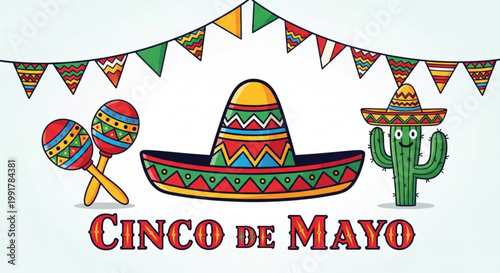 Cinco de mayo celebration with maracas sombrero cactus and colorful bunting flags on a white background
