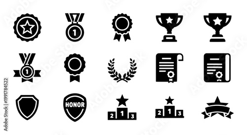 Achievement and award icon set, 15 black solid vector symbols of trophies and medals, competition winner and success reward graphics for business
