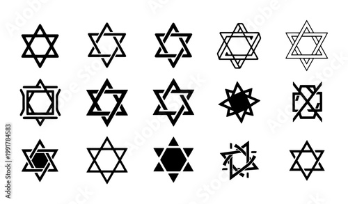 Star of David vector icon set, Jewish religious symbols collection, black hexagram line art elements for Hanukkah and Judaism designs