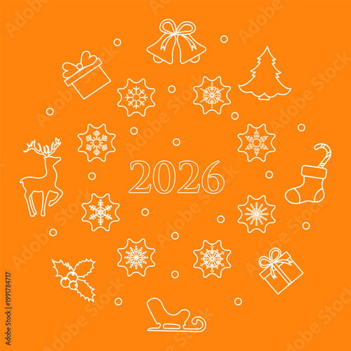 Christmas 2026 illustration with festive icons on orange background for holiday greeting cards