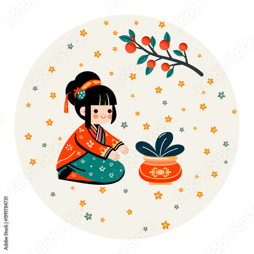 Girl Asian Orange Chinese Japanese Culture Plant
