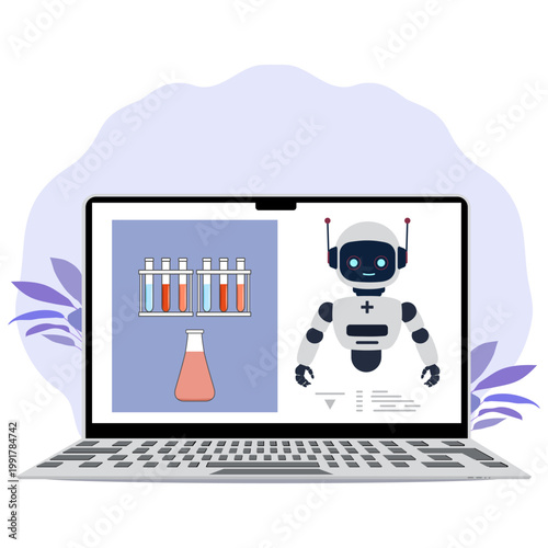 Laptop displaying digital robot and lab equipment illustrations, suitable for technology background