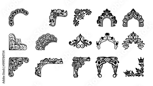 Vintage floral corner borders set, 15 decorative black filigree frames, ornamental victorian scrollwork elements for wedding invitations and stationery