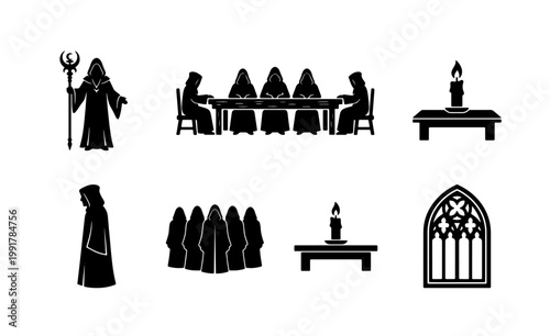 Mysterious secret society silhouette icons, hooded cult members in robes performing ritual, occult ceremony vector set with gothic window and candles