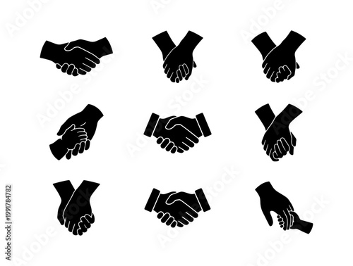 Business handshake icons set, black silhouette hand gestures for partnership and agreement, 9 vector elements for corporate collaboration and trust