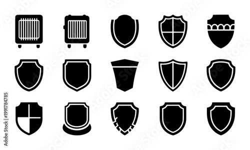 Security shield icon set, 15 black vector protection symbols, heraldic crest and guard badge collection for cybersecurity and safety branding